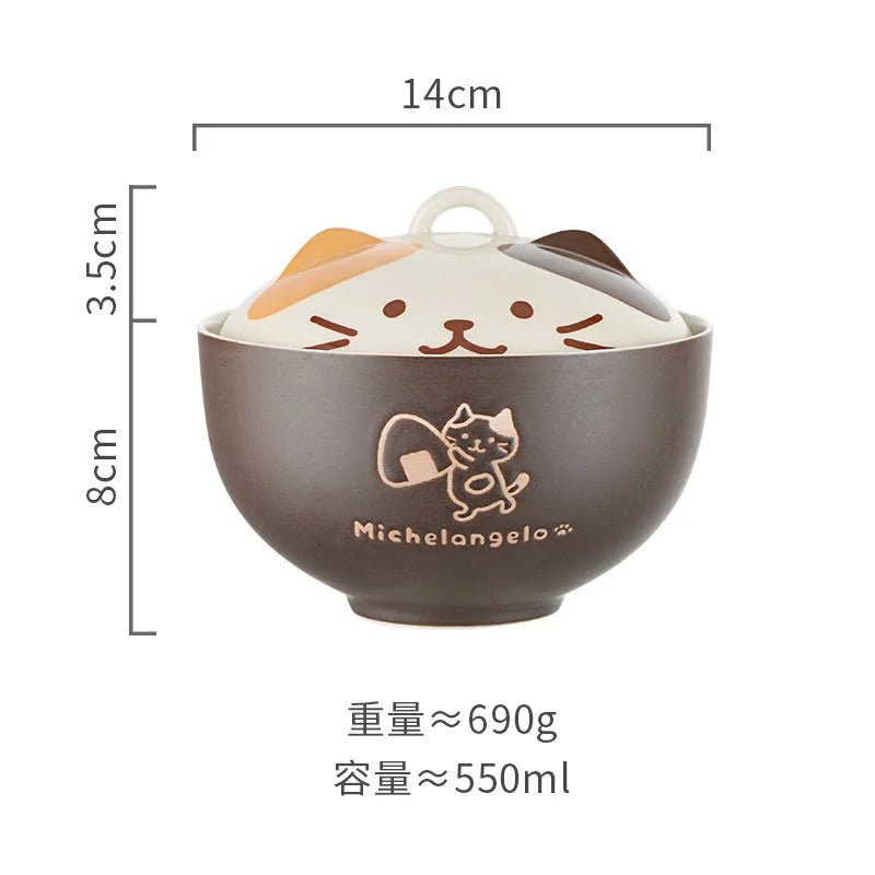 Bol à soupe en céramique créatif japonais, animaux de dessin animé mignons avec couvercle, bol pour chat, bol à nouilles instantanées pour la maison, bol à riz, vaisselle - Bloopop