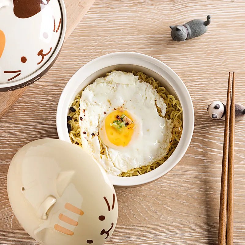Bol à soupe en céramique créatif japonais, animaux de dessin animé mignons avec couvercle, bol pour chat, bol à nouilles instantanées pour la maison, bol à riz, vaisselle - Bloopop