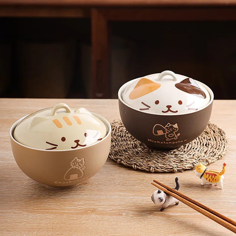 Bol à soupe en céramique créatif japonais, animaux de dessin animé mignons avec couvercle, bol pour chat, bol à nouilles instantanées pour la maison, bol à riz, vaisselle - Bloopop
