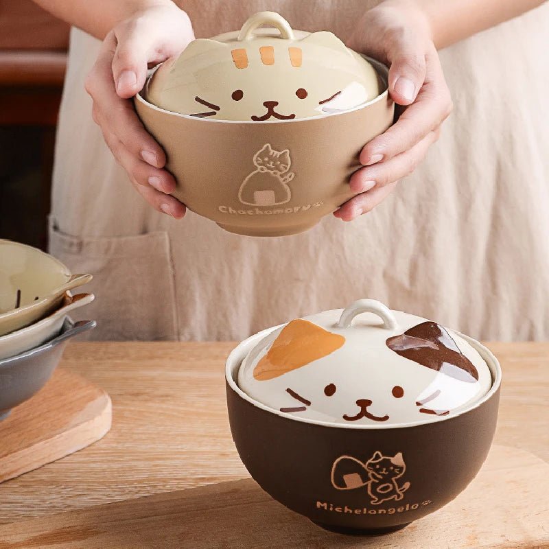 Bol à soupe en céramique créatif japonais, animaux de dessin animé mignons avec couvercle, bol pour chat, bol à nouilles instantanées pour la maison, bol à riz, vaisselle - Bloopop