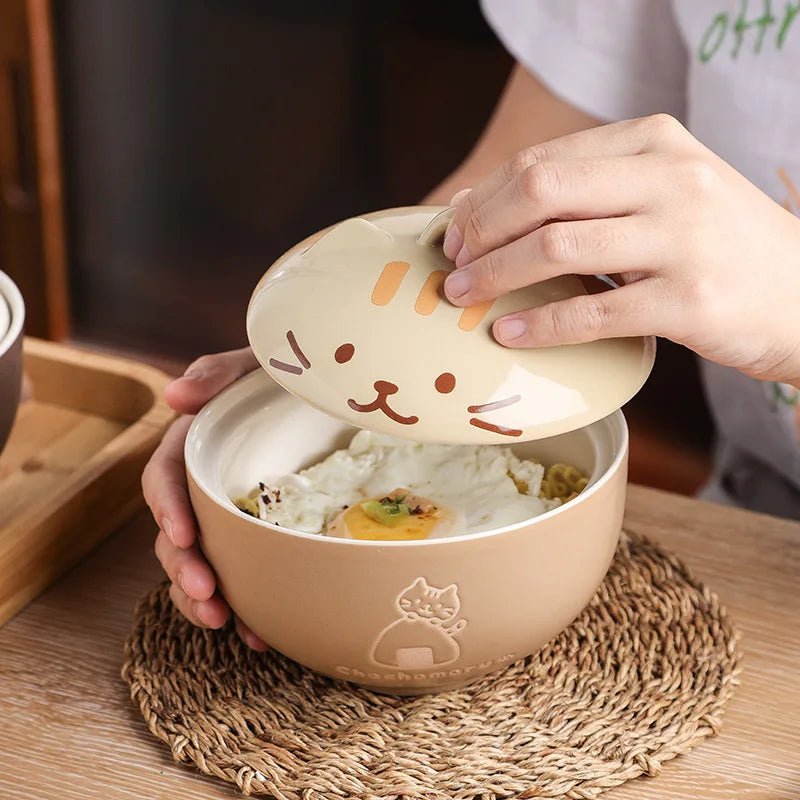 Bol à soupe en céramique créatif japonais, animaux de dessin animé mignons avec couvercle, bol pour chat, bol à nouilles instantanées pour la maison, bol à riz, vaisselle - Bloopop