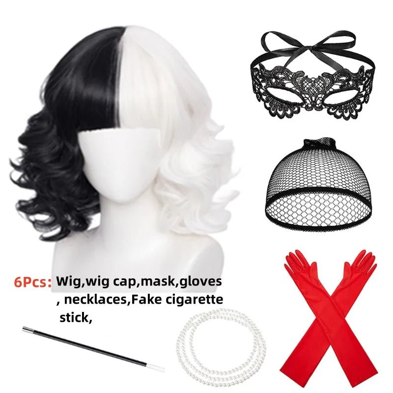 Costume Sorcière Deville Adulte - Noir & Blanc - Tenue Halloween Cosplay Femme (Manches Longues, Jupe Longue) - Bloopop