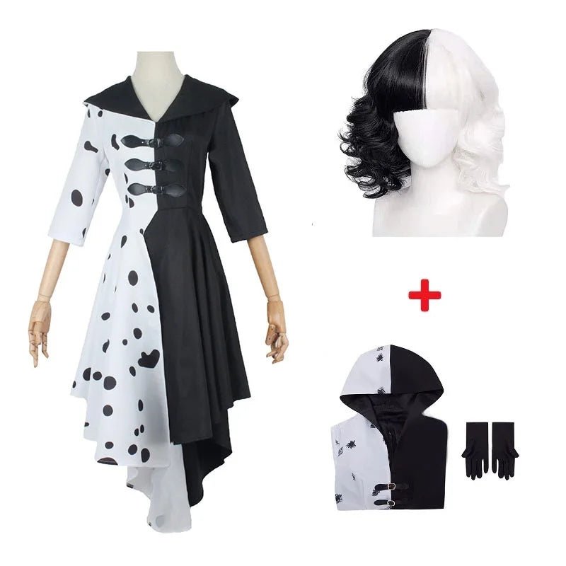 Costume Sorcière Deville Adulte - Noir & Blanc - Tenue Halloween Cosplay Femme (Manches Longues, Jupe Longue) - Bloopop