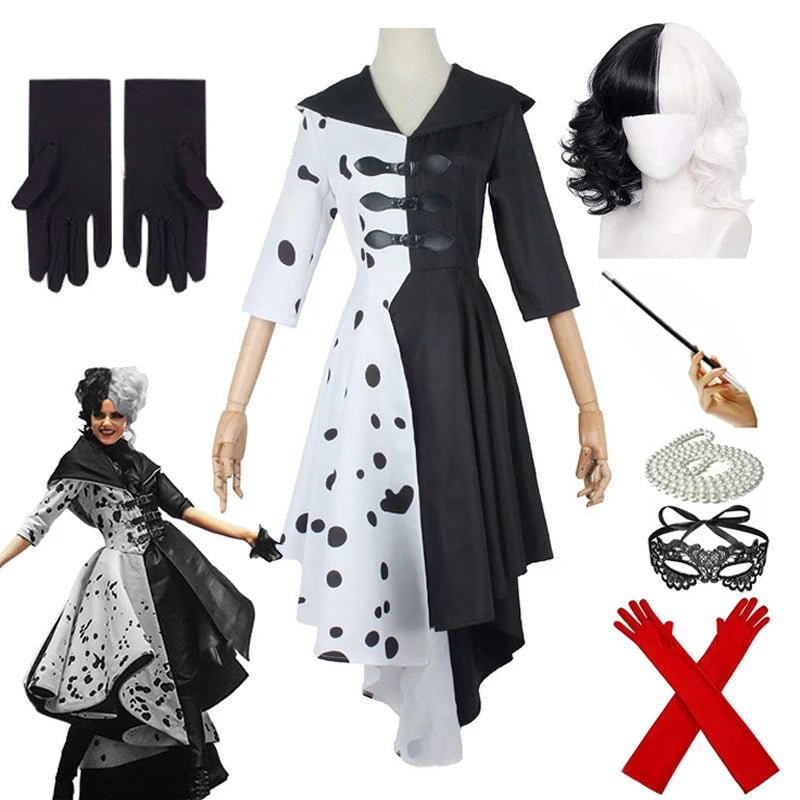 Costume Sorcière Deville Adulte - Noir & Blanc - Tenue Halloween Cosplay Femme (Manches Longues, Jupe Longue) - Bloopop