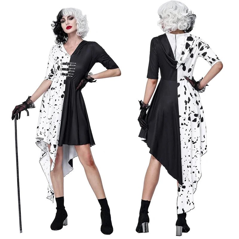 Costume Sorcière Deville Adulte - Noir & Blanc - Tenue Halloween Cosplay Femme (Manches Longues, Jupe Longue) - Bloopop