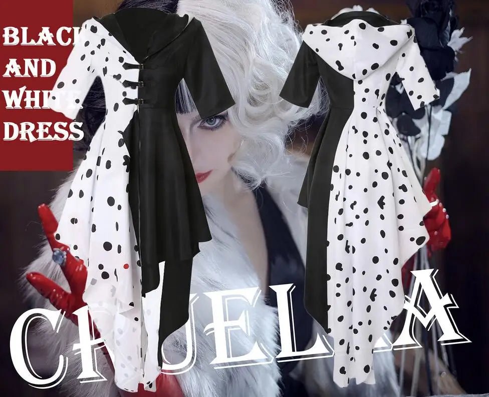 Costume Sorcière Deville Adulte - Noir & Blanc - Tenue Halloween Cosplay Femme (Manches Longues, Jupe Longue) - Bloopop