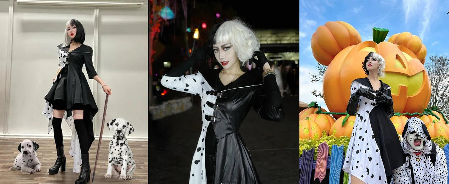 Costume Sorcière Deville Adulte - Noir & Blanc - Tenue Halloween Cosplay Femme (Manches Longues, Jupe Longue) - Bloopop