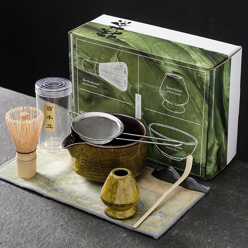 Ensemble Matcha japonais fait à la main, bol facile à nettoyer, fouet en bambou, cuillère à thé, outils de fabrication de thé, accessoires de cérémonie, 7 pièces, 4 pièces - Bloopop