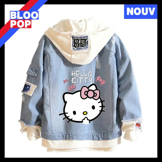 Anime Sanrio Denim Bomber Veste Hello Kitty Jeans à capuche Sweat-shirt Unisexe Trou déchiré Cosplay Sweat à capuche Veste en jean à manches longues