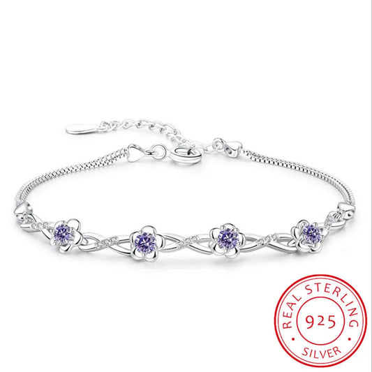 Luxe 925 Bracelets en argent Sterling violet blanc zircone fleur de prunier Bracelets et Bracelets pour femme pulseira de Prata S-B51