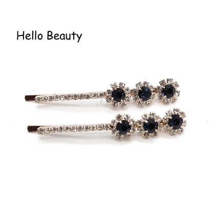Barrette en pierre luxueuse pour cheveux, 1 paire, mode coréenne, accessoires pour cheveux, Clip bleu marine clair, strass rond, cristal, bijoux pour femmes et filles