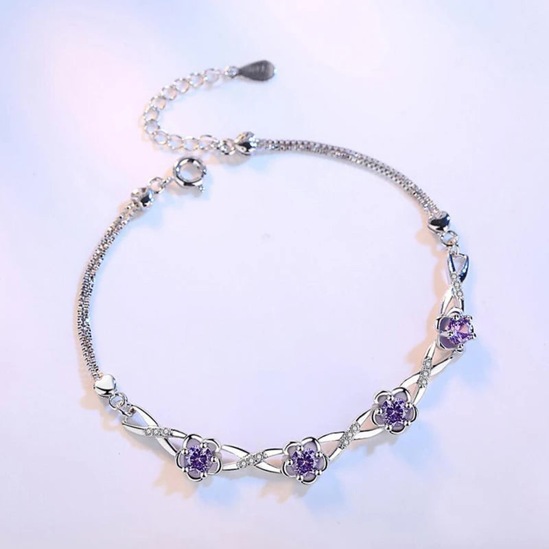 Luxe 925 Bracelets en argent Sterling violet blanc zircone fleur de prunier Bracelets et Bracelets pour femme pulseira de Prata S-B51
