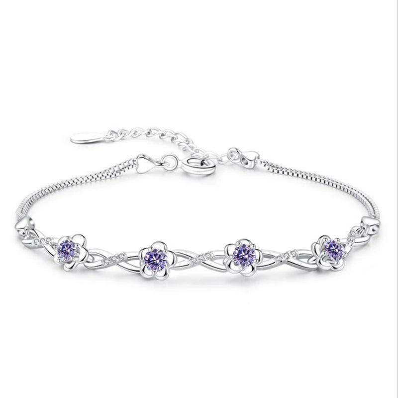 Luxe 925 Bracelets en argent Sterling violet blanc zircone fleur de prunier Bracelets et Bracelets pour femme pulseira de Prata S-B51