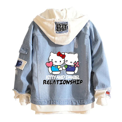 Anime Sanrio Denim Bomber Veste Hello Kitty Jeans à capuche Sweat-shirt Unisexe Trou déchiré Cosplay Sweat à capuche Veste en jean à manches longues