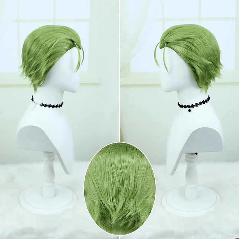HeClaCosplay-Perruque Synthétique Droite Courte, Frieren aux Funérailles, Cheveux Verts à Dos Léché, Degré de Chaleur, Jeu de Plis d'Halloween