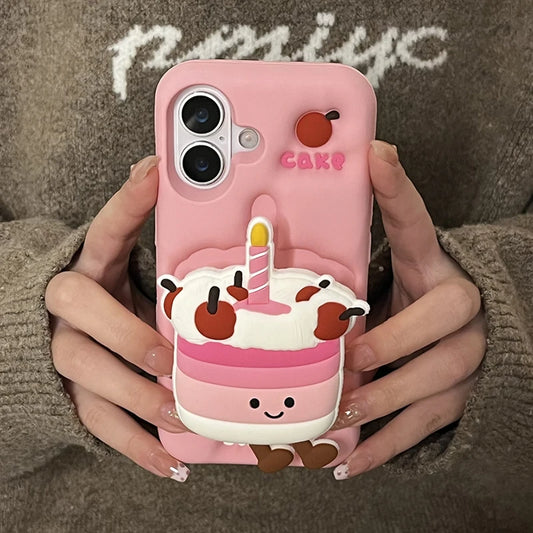 Coque de téléphone pliable en silicone souple pour iPhone, coque arrière mignonne, support 3D Cake, 16, 15, 13, 14, 12 Pro Max