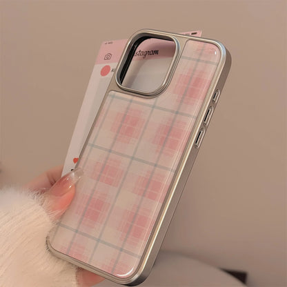Coque de téléphone rigide antichoc à carreaux roses, étui de protection mignon de Style coréen pour iPhone 13 14 15 16 Pro Max