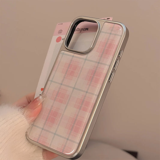 Coque de téléphone rigide antichoc à carreaux roses, étui de protection mignon de Style coréen pour iPhone 13 14 15 16 Pro Max