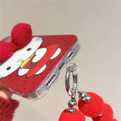 2025 Hello Kitty mignon dessin animé Coque de téléphone pour iPhone 11 12 13 14 15 16 Pro Max Plus rouge IMD nœud papillon corde suspendue couverture Coque