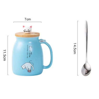 Tasse à couvercle en bois de Style japonais avec cuillère, tasse en céramique de lait de chat de dessin animé mignon, tasse de jus de yaourt glacé, tasse résistante à la chaleur, tasse cadeaux