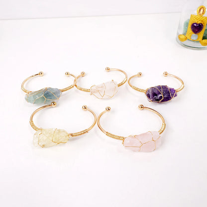 Bracelet en cristal naturel avec pierres précieuses brutes, 1 pièce, fil de cuivre tissé à la main, ouvert, breloque assortie à la mode, bijoux fins