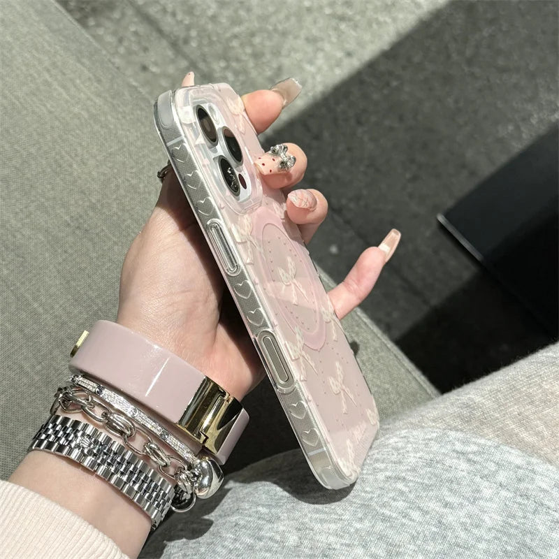 Jolie coque de téléphone magnétique pour iPhone 16 Pro 15 14 13 Pro Max 15Pro, avec support à nœud papillon en perles, étuis antichoc pour Magsafe