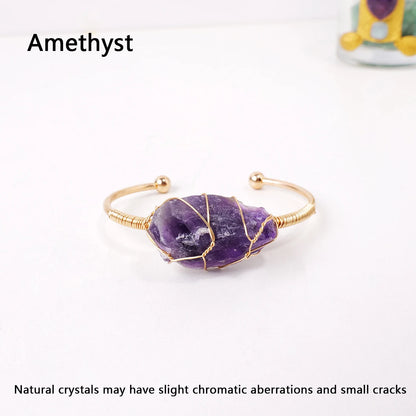 Bracelet en cristal naturel avec pierres précieuses brutes, 1 pièce, fil de cuivre tissé à la main, ouvert, breloque assortie à la mode, bijoux fins