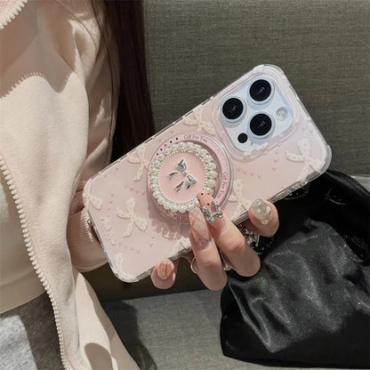 Jolie coque de téléphone magnétique pour iPhone 16 Pro 15 14 13 Pro Max 15Pro, avec support à nœud papillon en perles, étuis antichoc pour Magsafe