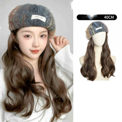 Perruque chapeau femmes tout en un automne/hiver nouvelle mode cheveux longs bouclés arc-en-ciel peinture à l'huile béret simulé cheveux perruque casque