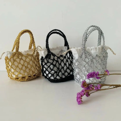 Sac à main tissé de luxe pour femmes, sac de rangement de grande capacité, sac à cordon, sac tissé Portable, sac seau tissé pour filles