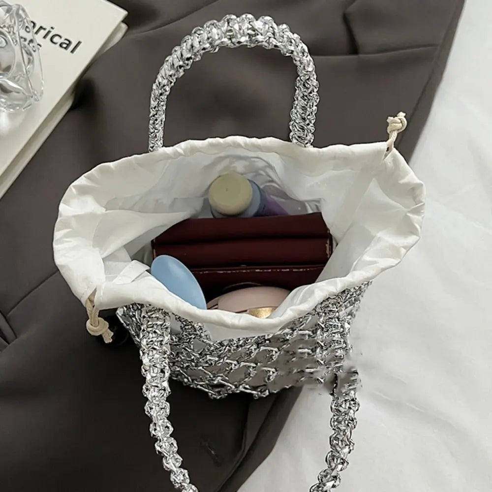Sac à main tissé de luxe pour femmes, sac de rangement de grande capacité, sac à cordon, sac tissé Portable, sac seau tissé pour filles
