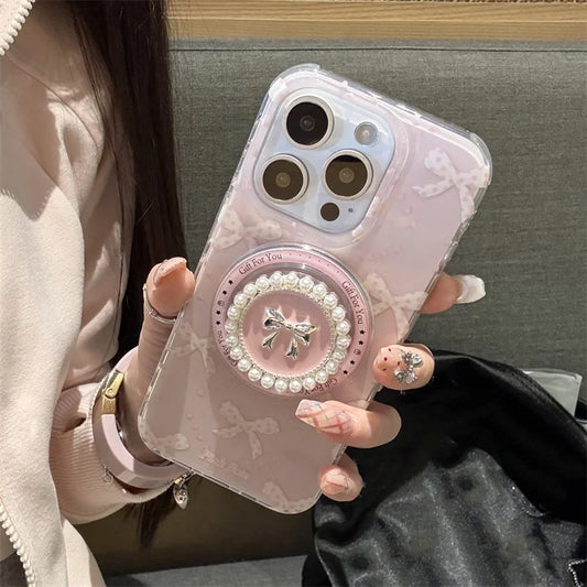 Jolie coque de téléphone magnétique pour iPhone 16 Pro 15 14 13 Pro Max 15Pro, avec support à nœud papillon en perles, étuis antichoc pour Magsafe