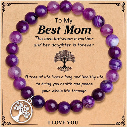 Bracelet en Agate violette, carte d'arbre de vie, Bracelet en pierre naturelle perlée de Rhodochrosite, cadeaux d'anniversaire et de noël pour Nana/grand-mère/maman