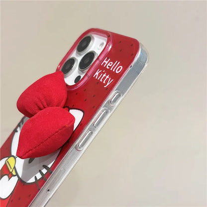 2025 Hello Kitty mignon dessin animé Coque de téléphone pour iPhone 11 12 13 14 15 16 Pro Max Plus rouge IMD nœud papillon corde suspendue couverture Coque