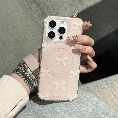 Jolie coque de téléphone magnétique pour iPhone 16 Pro 15 14 13 Pro Max 15Pro, avec support à nœud papillon en perles, étuis antichoc pour Magsafe