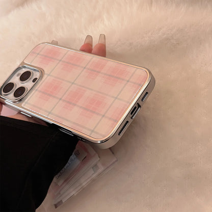 Coque de téléphone rigide antichoc à carreaux roses, étui de protection mignon de Style coréen pour iPhone 13 14 15 16 Pro Max