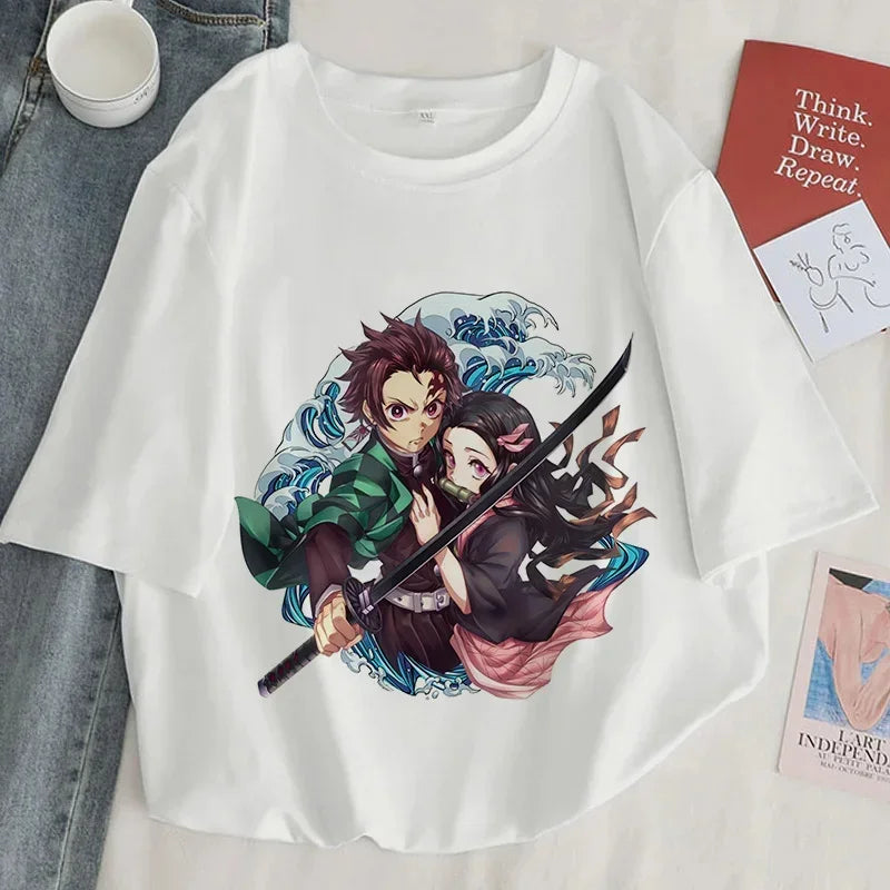 Démon Slayer imprimer t-shirt femmes Harajuku esthétique hauts blancs t-shirt japon Anime Ullzang femme t-shirt été noir t-shirt