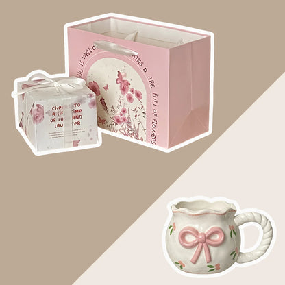 Tasse à café en céramique avec nœud rose irrégulier, tasse en Relief faite à la main, tasse à café pour la maison, tasse à lait pour petit déjeuner, cadeau d'anniversaire, nouveau