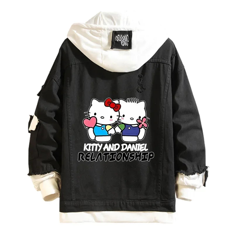 Anime Sanrio Denim Bomber Veste Hello Kitty Jeans à capuche Sweat-shirt Unisexe Trou déchiré Cosplay Sweat à capuche Veste en jean à manches longues