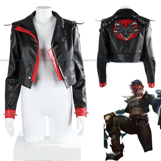 Nouveau Arcane2 League Of Legends Vi Cosplay Costume hauts manteau noir Pu cuir manteau jeu fête Halloween ensemble sur mesure