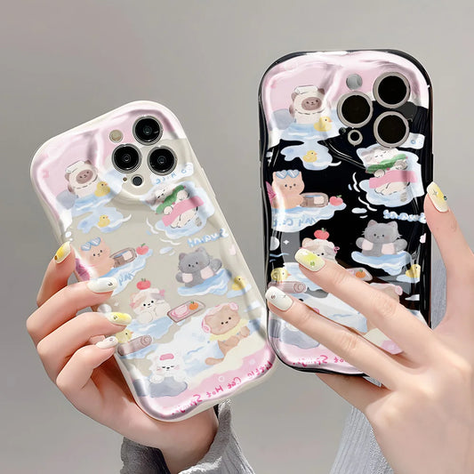 Coque de téléphone chat mignon pour iPhone, bord incurvé ondulé 3D, coque en TPU souple et transparente, iPhone 13, iPhone 15, iPhone 12, iPhone 11, iPhone 14 Pro Max, iPhone X, iPhone XS, iPhone 7, iPhone 8 Plus