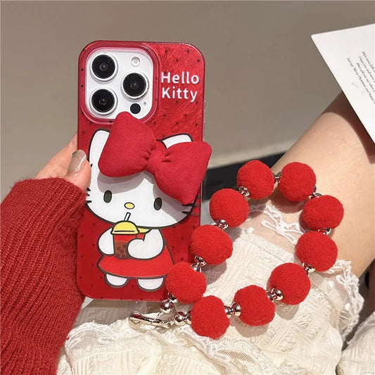 2025 Hello Kitty mignon dessin animé Coque de téléphone pour iPhone 11 12 13 14 15 16 Pro Max Plus rouge IMD nœud papillon corde suspendue couverture Coque