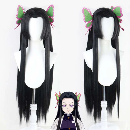Kochou Kanae perruque Anime démon Slayer Cosplay Kimetsu no Yaiba perruque noir cheveux longs papillon chapeaux femmes Halloween perruques accessoires