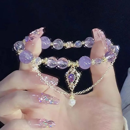 Bracelets de luxe légers en perles de cristal de verre violet pour femmes, pendentif Chic avec pompon papillon, bijoux de poignet pour fille douce