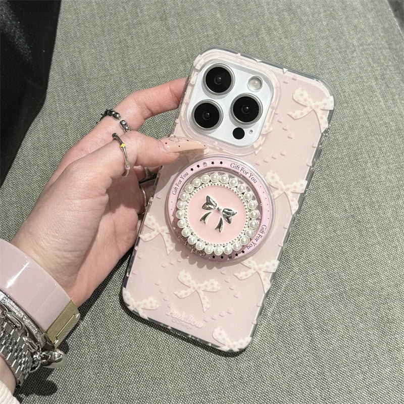 Jolie coque de téléphone magnétique pour iPhone 16 Pro 15 14 13 Pro Max 15Pro, avec support à nœud papillon en perles, étuis antichoc pour Magsafe