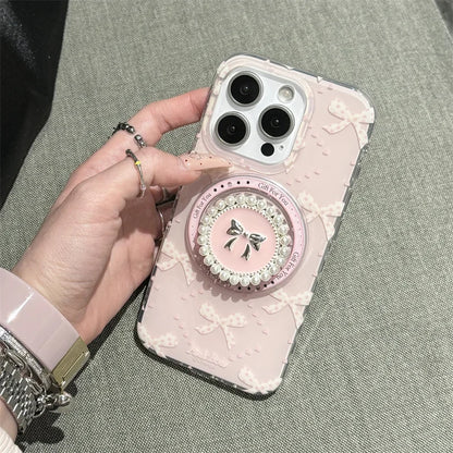 Jolie coque de téléphone magnétique pour iPhone 16 Pro 15 14 13 Pro Max 15Pro, avec support à nœud papillon en perles, étuis antichoc pour Magsafe