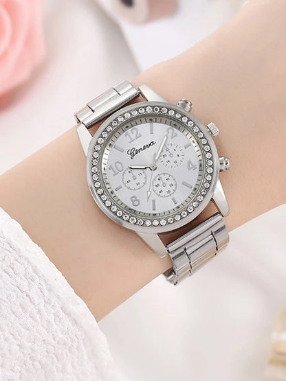 Montre à quartz WOarmacy polyvalente, bracelet incrusté de diamants, collier, boucles d'oreilles, ensemble de matiques, à la mode, 6 pièces
