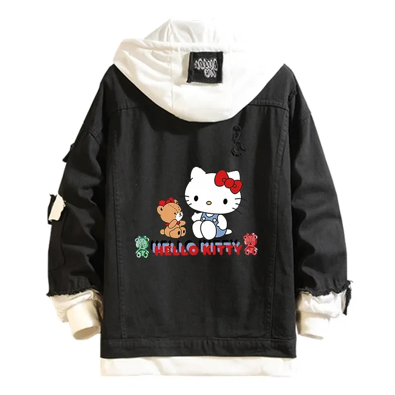 Anime Sanrio Denim Bomber Veste Hello Kitty Jeans à capuche Sweat-shirt Unisexe Trou déchiré Cosplay Sweat à capuche Veste en jean à manches longues