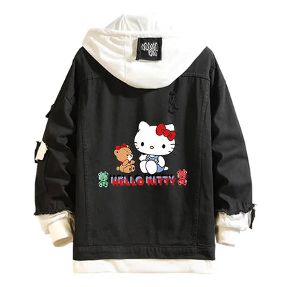Anime Sanrio Denim Bomber Veste Hello Kitty Jeans à capuche Sweat-shirt Unisexe Trou déchiré Cosplay Sweat à capuche Veste en jean à manches longues