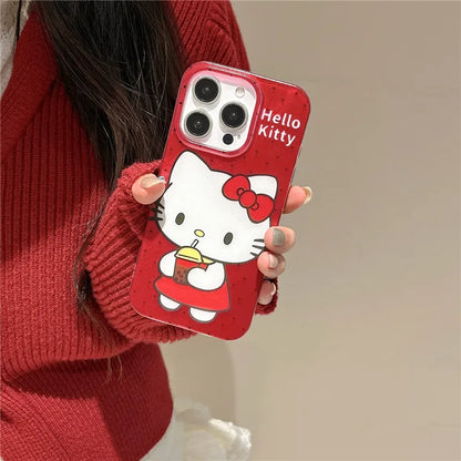 2025 Hello Kitty mignon dessin animé Coque de téléphone pour iPhone 11 12 13 14 15 16 Pro Max Plus rouge IMD nœud papillon corde suspendue couverture Coque
